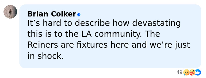 Facebook comment by Brian Colker expressing shock over the brutal slaying of Rob Reiner's parents in LA. Facebook comment by Brian Colker expressing shock over the brutal slaying of Rob Reiner's parents in LA.