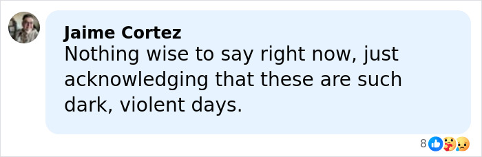 Comment by Jaime Cortez expressing sorrow over dark and violent days, related to Rob Reiner's daughter tragic post. Comment by Jaime Cortez expressing sorrow over dark and violent days, related to Rob Reiner's daughter tragic post.