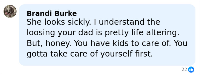 Comment by Brandi Burke expressing concern about Kelly’s weight loss and advising self-care while mentioning family responsibilities. Comment by Brandi Burke expressing concern about Kelly’s weight loss and advising self-care while mentioning family responsibilities.