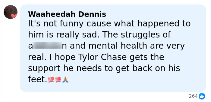 Social media comment expressing sadness over Tylor Chase&rsquo;s hospitalization and mental health struggles with support wishes.