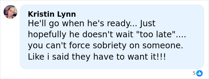 Comment from Kristin Lynn expressing hope about Tylor Chase&rsquo;s hospitalization and sobriety not being forced on someone.