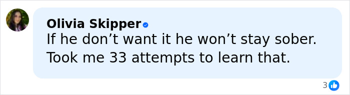 Screenshot of a social media comment discussing struggles with sobriety shared by a user named Olivia Skipper.