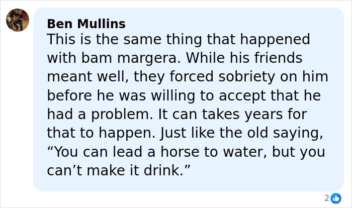 Comment discussing hospitalization and sobriety struggles related to Tylor Chase, shared by friend exposing the situation.