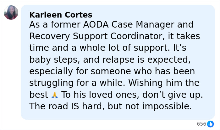 Comment by Karleen Cortes sharing recovery support insights and encouragement related to Tylor Chase&rsquo;s hospitalization outcome.