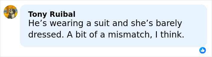 Comment from Tony Ruibal discussing mismatch between a suit and a barely dressed sheer outfit appearance.