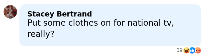 Comment by Stacey Bertrand criticizing a sheer outfit, discussing Millie Bobby Brown fans' reactions on social media.