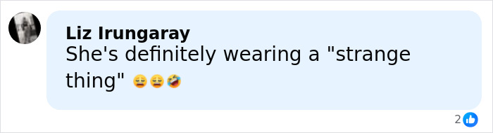Comment from Liz Irungaray reacting to Millie Bobby Brown's sheer outfit, expressing confusion over the style choice.