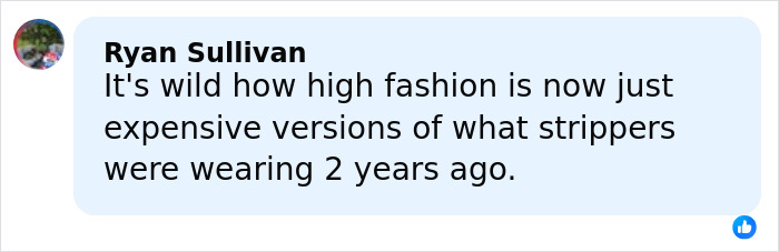 Comment by Ryan Sullivan discussing high fashion compared to past s******r styles, highlighting Millie Bobby Brown fans' views.
