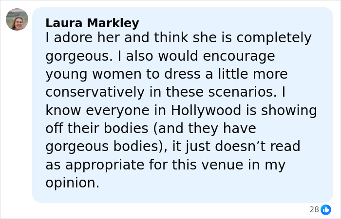 Comment praising Millie Bobby Brown&rsquo;s look but suggesting more conservative dressing for certain venues, discussing adult outfit debate.