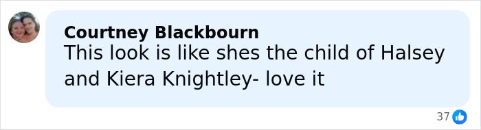 Comment praising Millie Bobby Brown's look, comparing her style to Halsey and Kiera Knightley in a social media post.