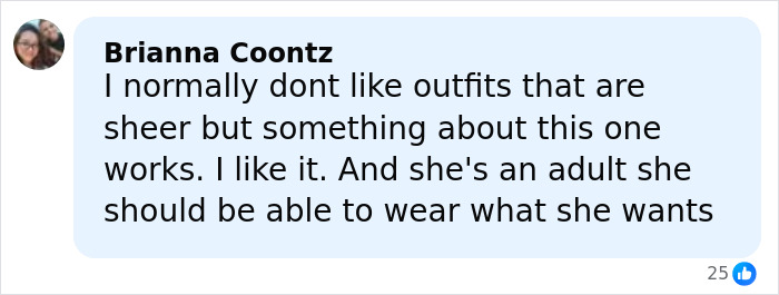 Comment from Brianna Coontz supporting Millie Bobby Brown's sheer outfit and adult fashion choices, discussed by fans.