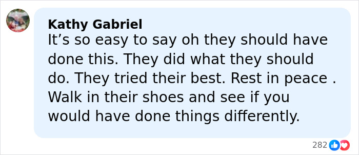 User comment by Kathy Gabriel reflecting on efforts and empathy, related to Rob Reiner's disturbing last words and confession about son.