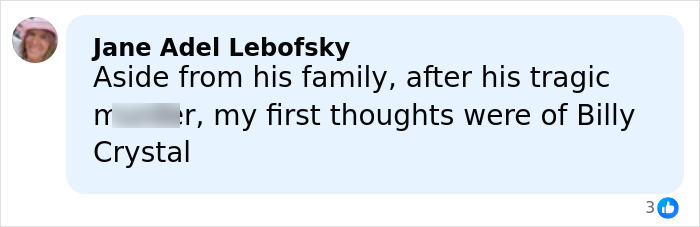 Comment by Jane Adel Lebofsky mentioning Billy Crystal’s connection to a tragic night after visiting a crime scene. Comment by Jane Adel Lebofsky mentioning Billy Crystal’s connection to a tragic night after visiting a crime scene.