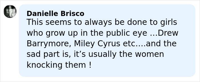 Comment by Danielle Brisco discussing public scrutiny and plastic surgery rumors faced by female celebrities like Millie Bobby Brown.