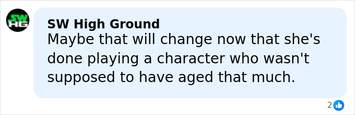 Comment from SW High Ground discussing Millie Bobby Brown&rsquo;s character aging and related plastic surgery rumors.
