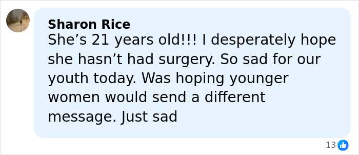 Comment expressing concern about Millie Bobby Brown&rsquo;s plastic surgery rumors and the impact on youth today.