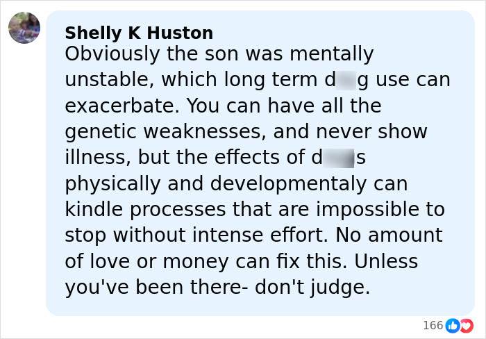 Comment by Shelly K Huston discussing mental health challenges linked to d**g use related to Rob Reiner&rsquo;s son at a party.