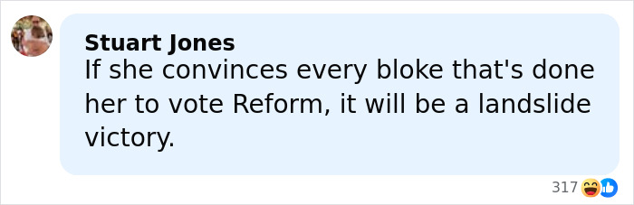 Comment from Stuart Jones reacting to Bonnie Blue's controversial video and arrest, discussing potential impact on Reform vote.
