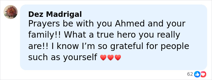 Comment praising Bondi Beach hero Ahmed for bravery and expressing gratitude for his actions during the attack.