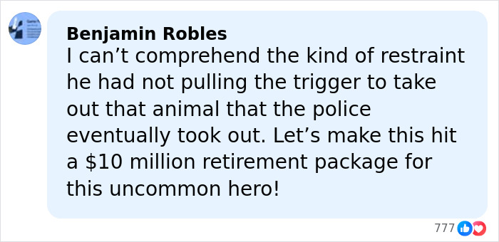 Facebook comment praising Bondi Beach hero&rsquo;s restraint after confronting attacker, calling for a $10 million retirement package.