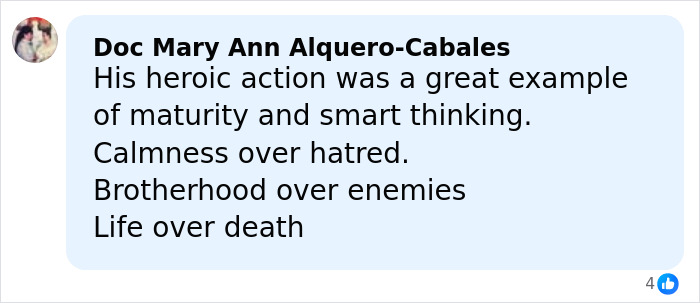 Comment praising the Bondi Beach hero for his heroic action, maturity, calmness, and bravery after confronting an attacker.
