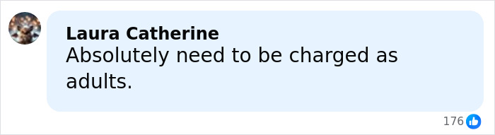 Comment by Laura Catherine stating that the teen boys involved in setting 14YO girl on fire need to be charged as adults.