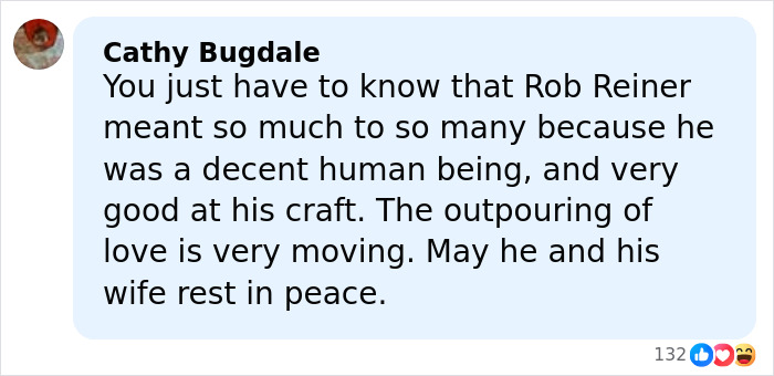 Comment expressing condolences for Rob Reiner and mentioning Billy Crystal’s response after visiting crime scene on tragic night. Comment expressing condolences for Rob Reiner and mentioning Billy Crystal’s response after visiting crime scene on tragic night.