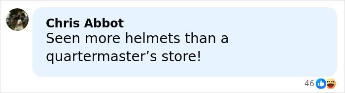Comment by Chris Abbot reacting humorously to a discussion about helmets, alongside 46 likes and a laughing emoji.