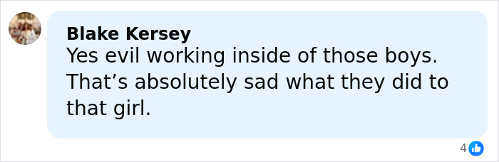 Screenshot of a Facebook comment criticizing teen boys for setting a 14-year-old girl on fire in an act of revenge.