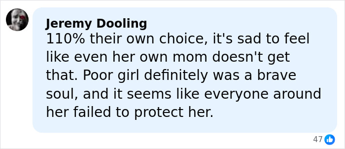 Comment from Jeremy Dooling expressing sadness over lack of protection for a brave 14-year-old girl set on fire by teen boys.