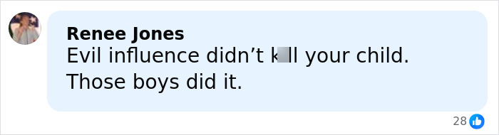 Comment from Renee Jones on social media blaming teen boys for setting 14-year-old girl on fire in a revenge attack.