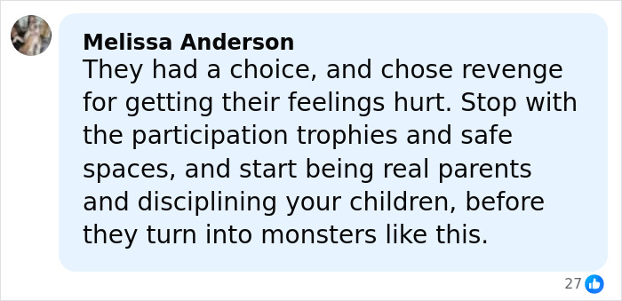 Comment by Melissa Anderson discussing revenge and consequences related to teen boys setting a 14-year-old girl on fire.