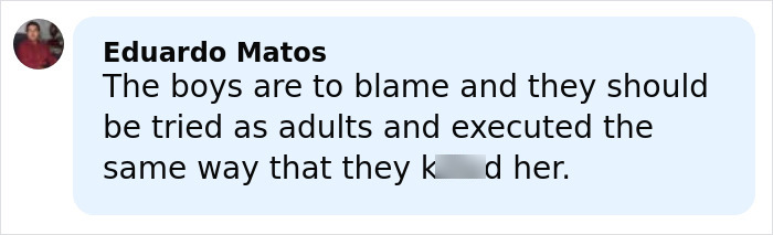 Screenshot of a social media comment blaming teen boys for setting a 14-year-old girl on fire in a revenge attack.