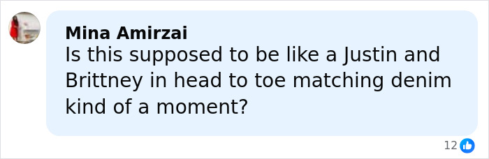 Comment by Mina Amirzai questioning matching denim outfits, related to Timoth&eacute;e Chalamet's red carpet look odd detail discussion.