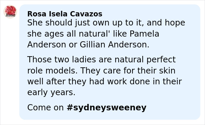 Comment calling out Sydney Sweeney's natural beauty claim, referencing side-by-side photos as evidence.