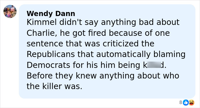 Comment box with Wendy Dann&rsquo;s message discussing Jimmy Kimmel&rsquo;s response to Donald Trump&rsquo;s hateful and vile comments on Rob Reiner.