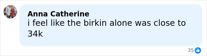 Comment mentioning the Birkin bag's high cost, discussing a luxury gift in a social media post.