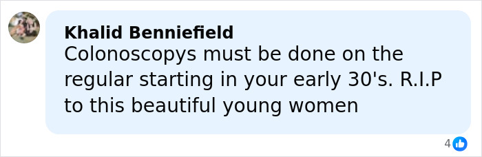 Comment mentioning the importance of colonoscopies and paying tribute to a Netflix star and mom of three announcing her passing.