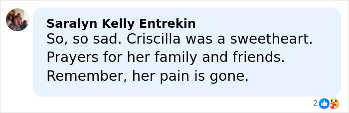 Comment expressing sympathy for Netflix star and mom of three, mentioning prayers and remembering her pain is gone.