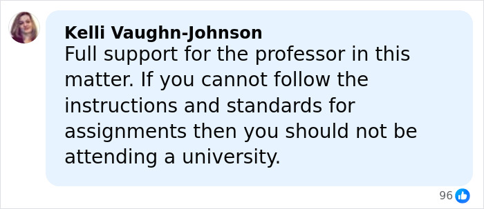 Comment by Kelli Vaughn-Johnson supporting professor's stance on assignment standards in a college gender essay dispute.