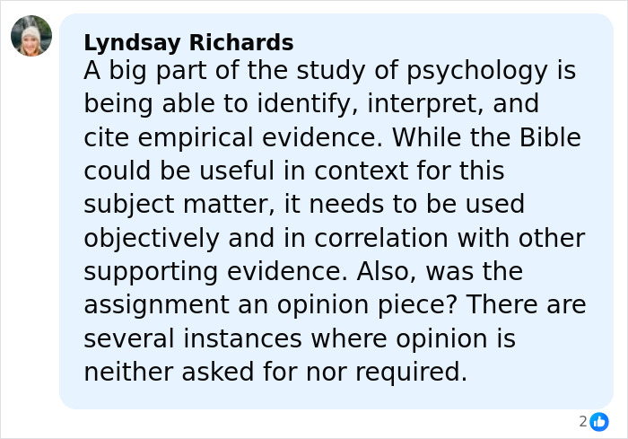 Comment by Lyndsay Richards discussing the use of the Bible in gender essay and failing grade controversy.