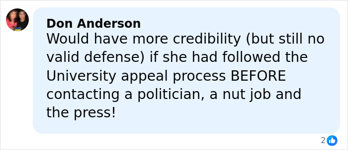 Comment by Don Anderson criticizing a trans instructor for bypassing university appeal before contacting politicians and press.