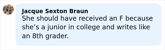 Comment from Jacque Sexton Braun about a college junior&rsquo;s grade on a gender essay citing the Bible.