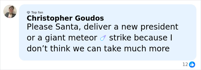 User comment expressing frustration with current events mentioning Santa, displayed in a social media post about Trump&rsquo;s demented comments.