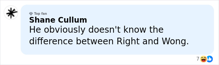 Comment on social media by Shane Cullum mentioning Jurassic World star BD Wong in a discussion about a racist comment apology.