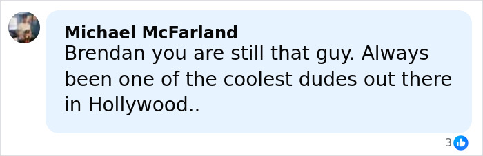Comment by Michael McFarland praising Brendan Fraser as one of the coolest Hollywood actors after Oscar victory.