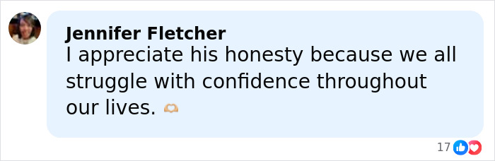 Comment by Jennifer Fletcher appreciating Brendan Fraser's honesty about his career struggles after Oscar victory, with 17 likes.