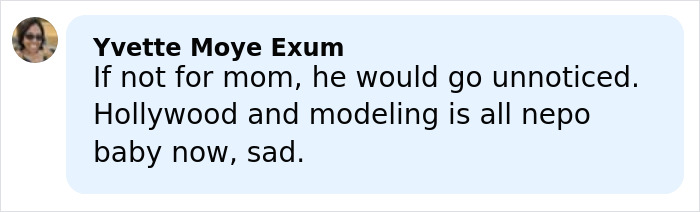 Comment from Yvette Moye Exum discussing nepotism in Hollywood and modeling, responding to Heidi Klum and her son.
