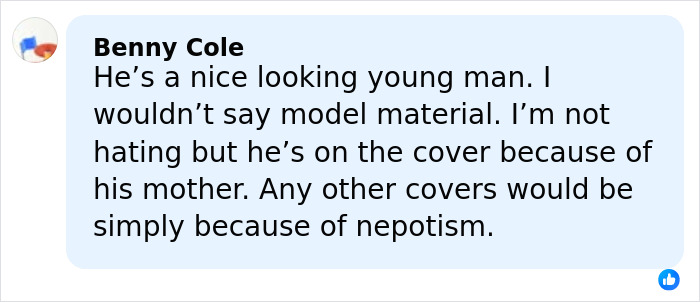 User comment criticizing Heidi Klum&rsquo;s son on Elle cover, fans debate if he is model material or nepotism.