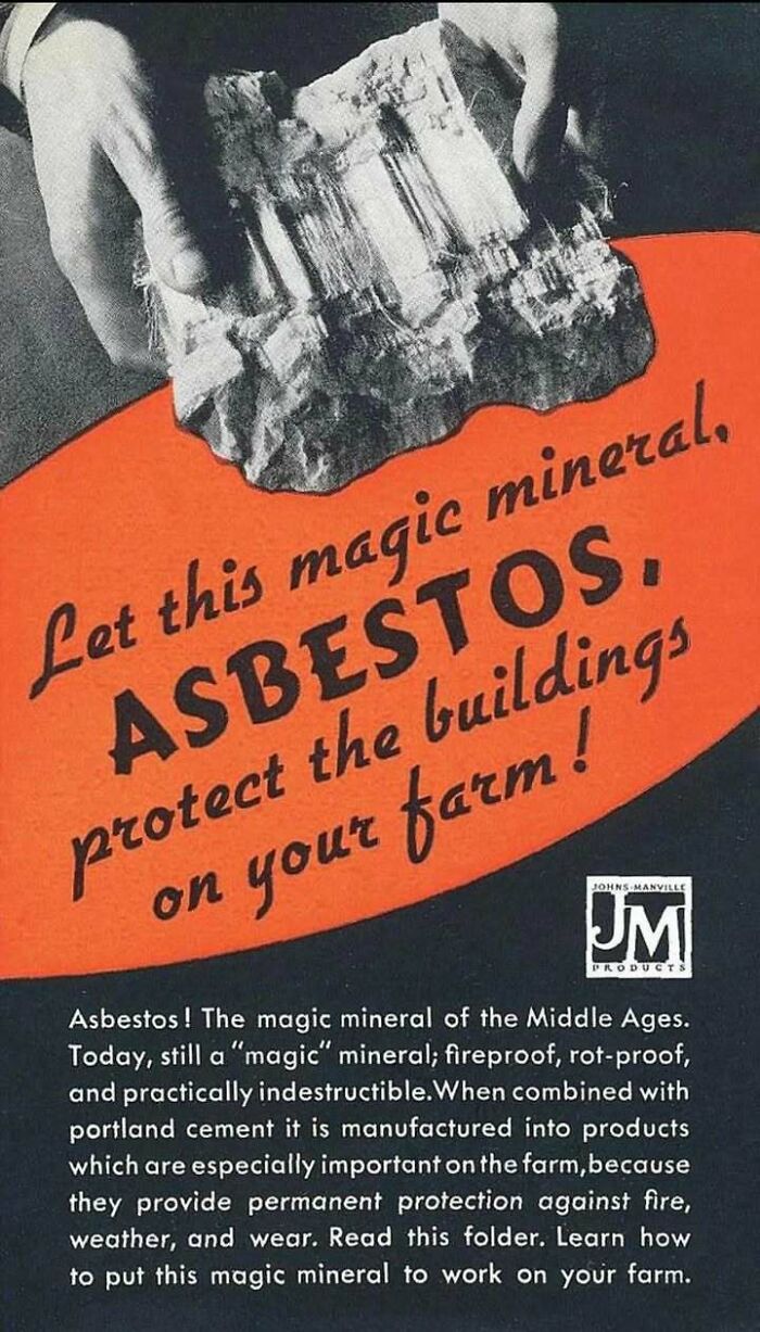 Vintage asbestos advertisement showing a person holding a mineral with text promoting protection for farm buildings.